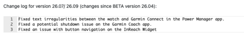Les notes de version pour Garmin Fenix 7 beta version 26.09