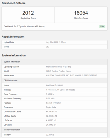 Liste Geekbench du Intel Core i5-13600K (image via Geekbench)