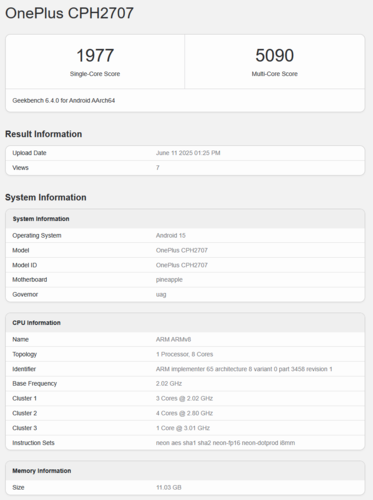 Liste Geekbench du OnePlus Nord 5 (source : Geekbench)
