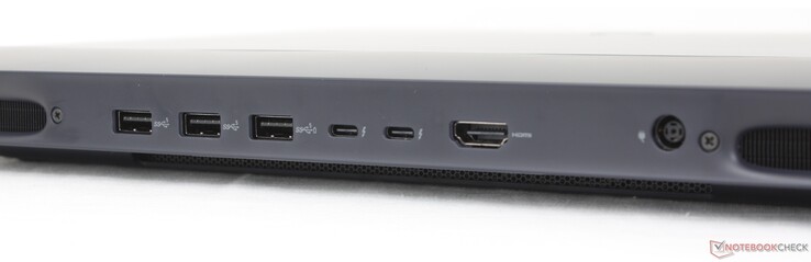 Arrière : 3x USB-A 3.2 Gen. 1 (5 Gbps), 2x USB-C Thunderbolt 5 avec DisplayPort 2.1 + Power Delivery, HDMI 2.1, adaptateur CA