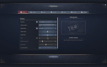 Menu d'affichage avec sélection de la résolution