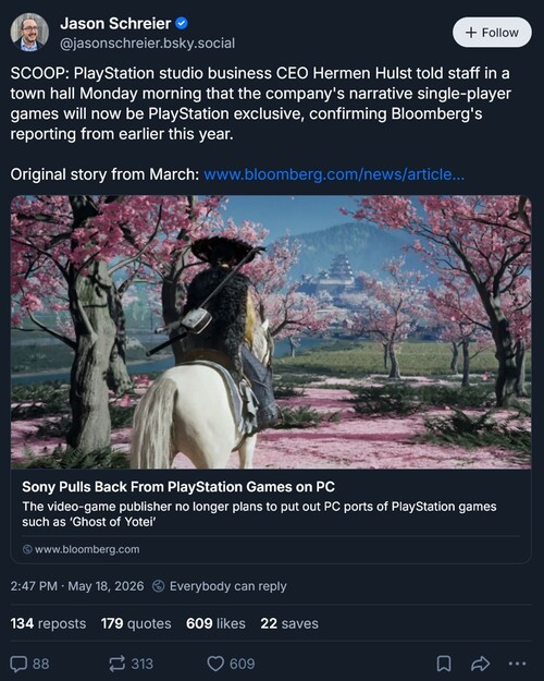 Jason Schreier Bluesky post sur les exclusivités PS5