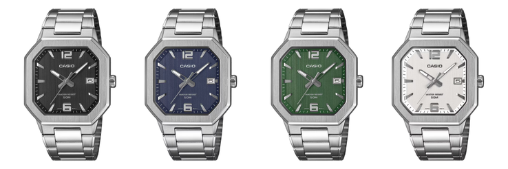 De gauche à droite : les montres Casio MTP-B195D-1AV, MTP-B195D-2AV, MTP-B195D-3AV et MTP-B195D-7AV. (Source de l'image : Casio, édité)