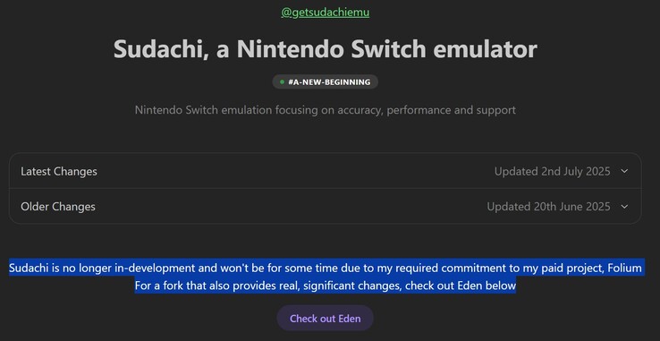 L'annonce sur le site officiel de Sudachi (Image source : Sudachi)