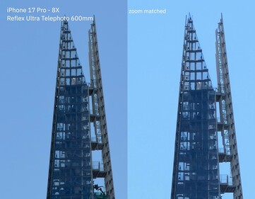 iPhone 17 Pro - Zoom 24x sans perte avec l'objectif 300-600 mm (à gauche) contre zoom numérique 24x (à droite).