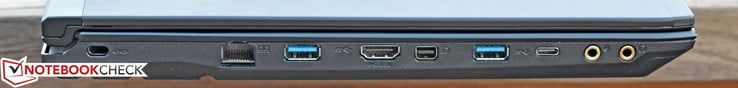 Côté gauche: Slot de verrouillage Kensington, Gigabit Ethernet, USB 3.0, HDMI, mini-DisplayPort, USB 30, USB Type-C, entrée microphone, sortie casque