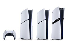 Manette PlayStation DualSense, console PS5 avec lecteur de disques, PS5 Digital Edition et PS5 Pro (de gauche à droite). 