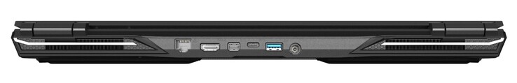 A l'arrière : RJ45 LAN, HDMI 2.0, Mini DisplayPort 1.4, USB C 3.1 Gen2 (DisplayPort), USB A 3.0, entrée secteur.