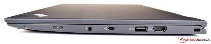A droite : stylo actif, bouton d'alimentation, audio 3,5 mm, mini RJ45, USB 3.0, HDMI, verrou Kensington.