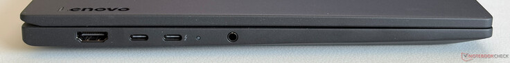 Côté gauche : HDMI 2.1, USB-C 3.2 Gen.1 (5 Gbps, DisplayPort 1.2, Power Delivery), USB-C 4.0 avec Thunderbolt 4 (40 Gbps, DisplayPort 2.1, Power Delivery), prise stéréo 3,5 mm