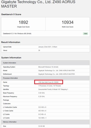 Intel Core i9-11900K. (Source de l'image : Geekbench)