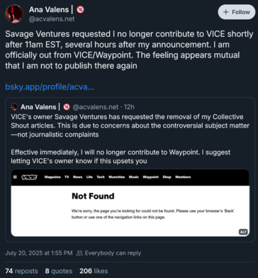 Ana Valens annonce sa démission de Vice (Source de l'image : capture d'écran, compte Bluesky d'Ana Valens)
