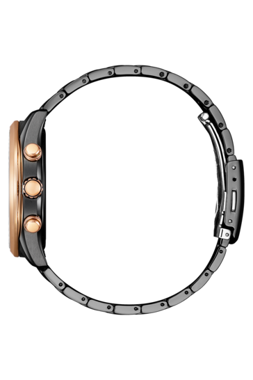 Vue de profil de la Citizen Eco-Drive BY1036-53L mettant en valeur sa lunette, sa couronne et ses poussoirs en or rose, ainsi que son bracelet noir