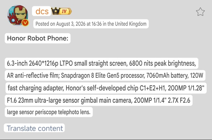 Caractéristiques techniques du Honor Robot Phone détaillées dans la publication Weibo de DCS