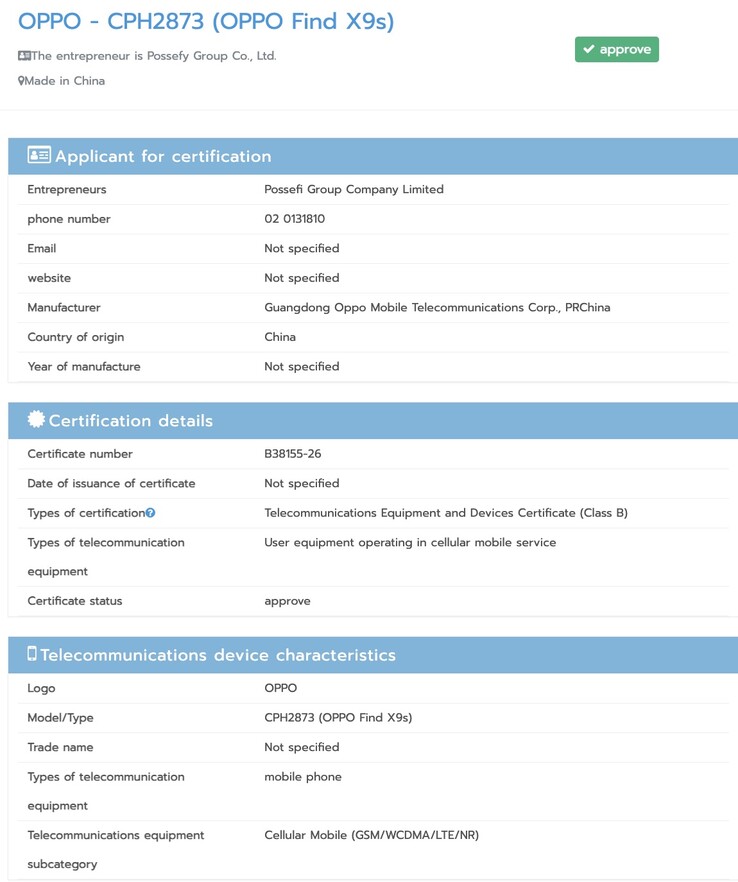L'Oppo Find X9s obtient la certification de la NBTC.