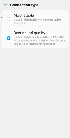 Le type de connexion utilise le codec SBC ou AAC dans le mode le plus stable, et le codec LDAC haute résolution dans le mode meilleure qualité sonore. (Source de l'image : Notebookcheck)