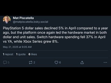 Ventes de consoles Circana avril 2025 (Image source : Mat Piscatella Bluesky account)