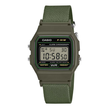 Casio F-91WF-3A avec un bracelet en tissu vert olive.