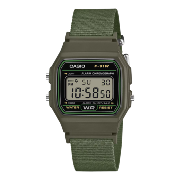 Montre numérique Casio F-91WF-3A dotée d'un boîtier noir rehaussé de touches de vert et d'un bracelet en tissu vert tressé.