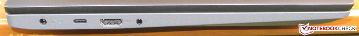 Côté gauche : entrée secteur, USB 3.2 Gen 2 (USB C ; DisplayPort, charge), HDMI, prise jack.
