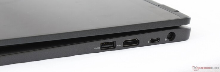 Côté gauche : USB A 3.1 Gen 1, HDMI 1.4, Thunderbolt 3 (optionel), entrée secteur.
