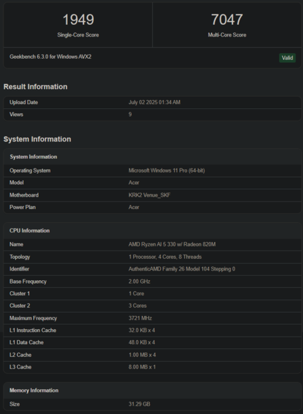 Liste Geekbench de Ryzen AI 5 330 (source d'image : Geekbench)