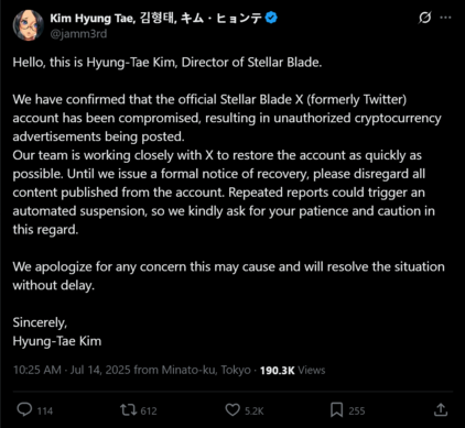 Hyung-Tae Kim post sur Stellar Blade X account hack (Image source : screenshot, Hyung-Tae Kim X account)