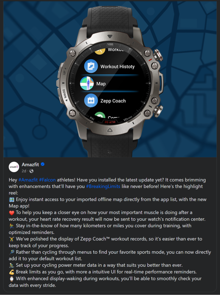 Le journal des modifications de la dernière mise à jour de la smartwatch Amazfit Falcon. (Source de l'image : Amazfit)