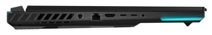 Côté gauche : alimentation, Gigabit Ethernet (2,5 Gbit), HDMI, Thunderbolt 4 (USB-C ; DisplayPort, G-Sync), USB 3.2 Gen 2 (USB-C ; Power Delivery, DisplayPort), port combo audio