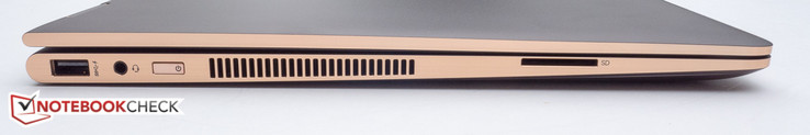 Côté gauche : USB 3.1 Type 1, combo jack 3,5 mm, boutton d'allumage, lecteur de cartes SD.