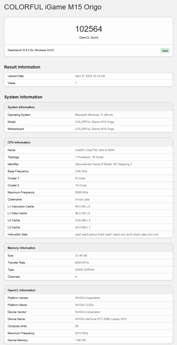 RTX 5060 laptop Geekbench OpenCL score (image source : Geekbench)