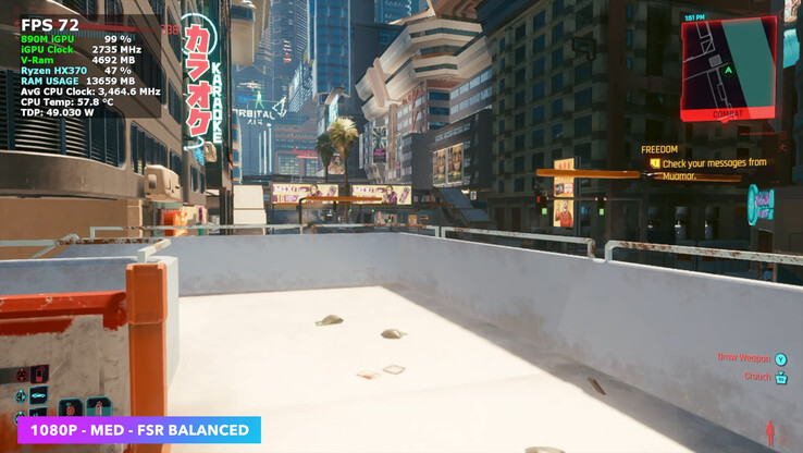 Cyberpunk 2077 tourne à une moyenne stable de 70 FPS en réglages moyens avec FSR Balanced sur l'AceMagic Retro X5.