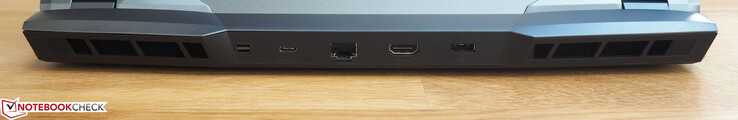 A l'arrière : mini DisplayPort, USB C 3.1 Gen 2, RJ45-LAN, HDMI 2.0, entrée secteur.