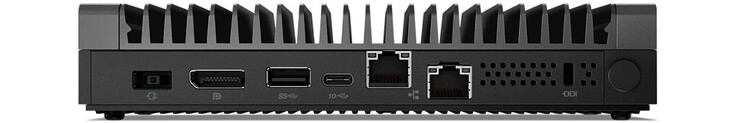 A l'arrière : entrée secteur, DisplayPoty, USB A 3.1 Gen 2, USB C 3.1 Gen 2 (avec sortie écran et entrée secteur), 2 Ethernet, verrou de sécurité Kensington.