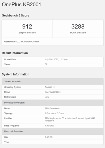 Le OnePlus KB2001 sur Geekbench. (Source de l'image : Geekbench)