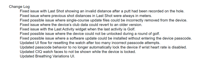 Les notes de mise à jour du logiciel système 6.58 pour les montres Garmin Approach S44 et S50. (Source de l'image : Garmin)