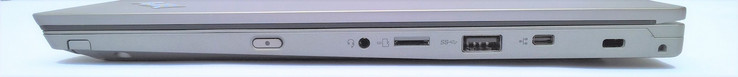 Côté droit : bouton de démarrage, combo audio, lecteur de carte micro SD, 1 USB A 3.0, miniEthernet, verrou de sécurité Kensington.