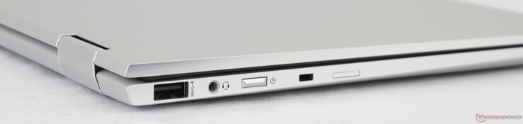 Côté gauche : USB A 3.1, combo audio 3,5 mm, bouton de démarrage, verrou de sécurité nano, emplacement pour carte nano-SIM (optional).