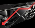 GPU Nvidia RTX 5090 avec une flèche orientée vers le bas pour indiquer la baisse de performance.