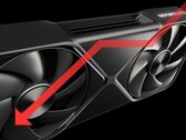 GPU Nvidia RTX 5090 avec une flèche orientée vers le bas pour indiquer la baisse de performance.