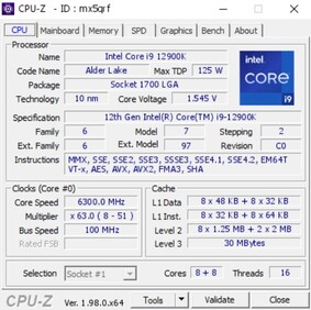 Intel Core i9-12900K. (Source de l'image : CPU-Z Validator)