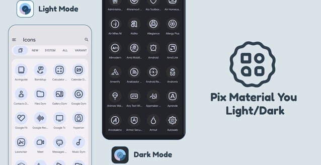 Pix Material You propose des icônes thématiques qui prennent en charge les couleurs dynamiques, avec des icônes pour les applications les plus obscures (Image Source : PashPuma Design)