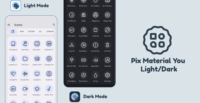 Pix Material You propose des icônes thématiques qui prennent en charge les couleurs dynamiques, avec des icônes pour les applications les plus obscures (Image Source : PashPuma Design)