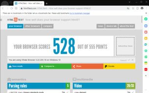 Votre navigateur obtient 528 points sur 555 (Source de l'image : capture d'écran de html5test.com)