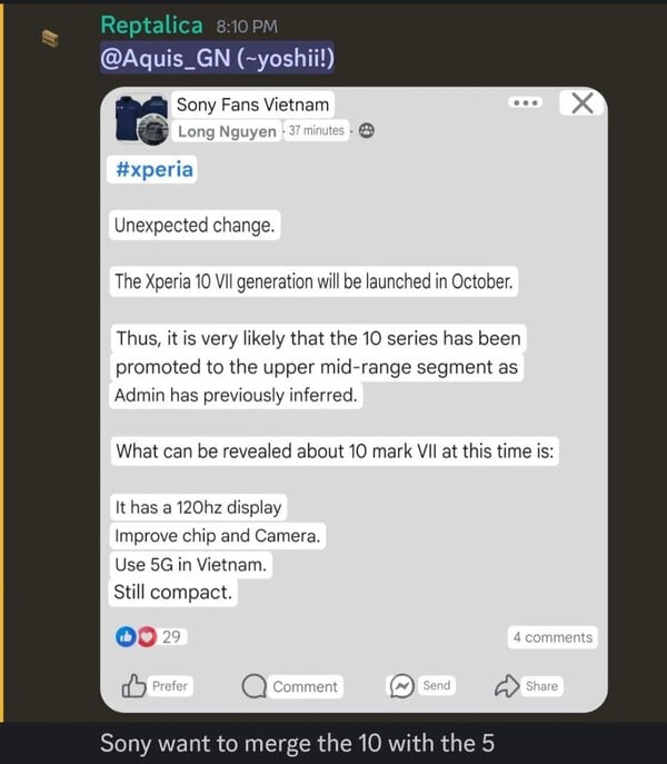 Rumeur de la date de sortie du Sony Xperia 10 VII. (Source de l'image : via Reddit)