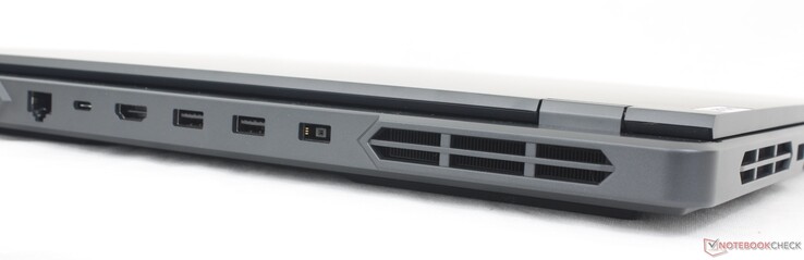 Arrière : RJ-45 (1 Gbps), USB-C 10 Gbps avec 140 W Power Delivery + DisplayPort 1.4, HDMI 2.1 (jusqu'à 4K60), 2x USB-A 5 Gbps, adaptateur secteur