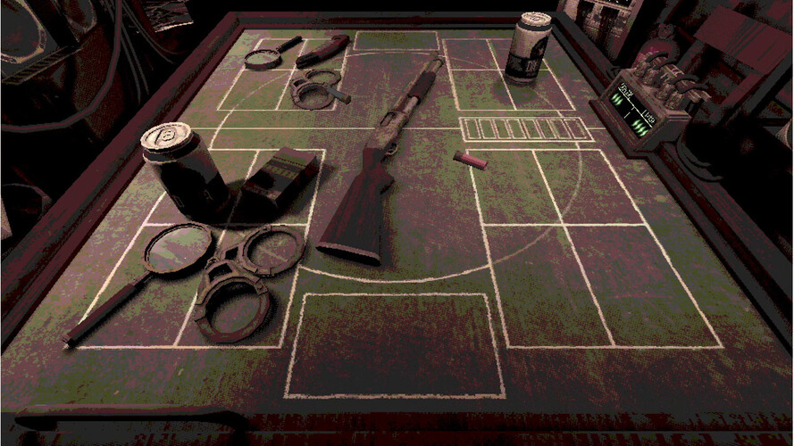 Capture d'écran de Buckshot Roulette montrant les objets aléatoires du jeu. (Source de l'image : Steam)