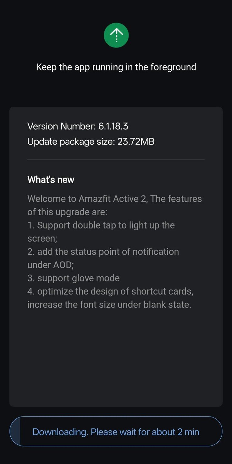 Les notes de mise à jour de la version 6.1.18.3 du logiciel pour le Amazfit Active 2 (Source de l'image : u/cliffr39 via Reddit)