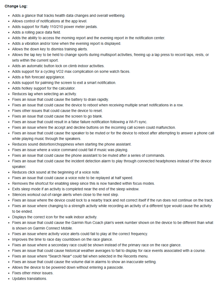 Le journal des modifications de la version 15.16 du logiciel de la smartwatch Garmin Forerunner 970. (Source de l'image : Garmin)