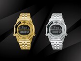 Les modèles Seiko Rotocall HFL003P en or et HFL002P en acier inoxydable, présentés côte à côte sur un fond noir, sont tous deux dotés d'un écran LCD en négatif, d'une lunette tournante et d'un bracelet intégré en acier inoxydable.